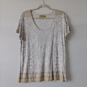Sigrid Olsen Signature Womens Aqua Gray Round Neck Tribal Print Top Size XL